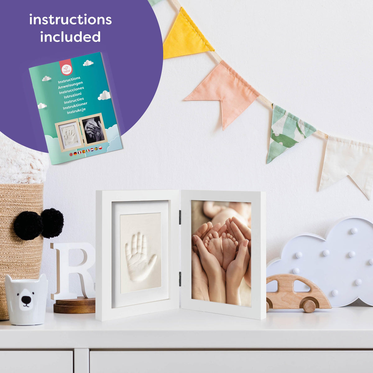Chuckle Baby Hand and Footprint Kit - White Wooden Photo Frame (Fits 5x7 Pictures) with Air-Drying Clay, Roller and Instructions - Newborn Keepsake Gift